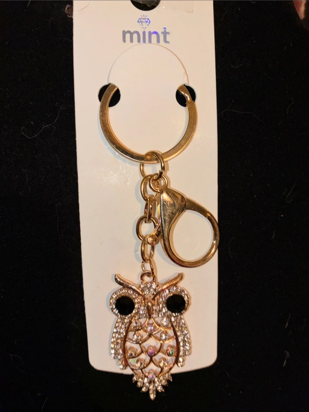 Mint Gold Owl Crystal Key Ring with Black Eye Accents